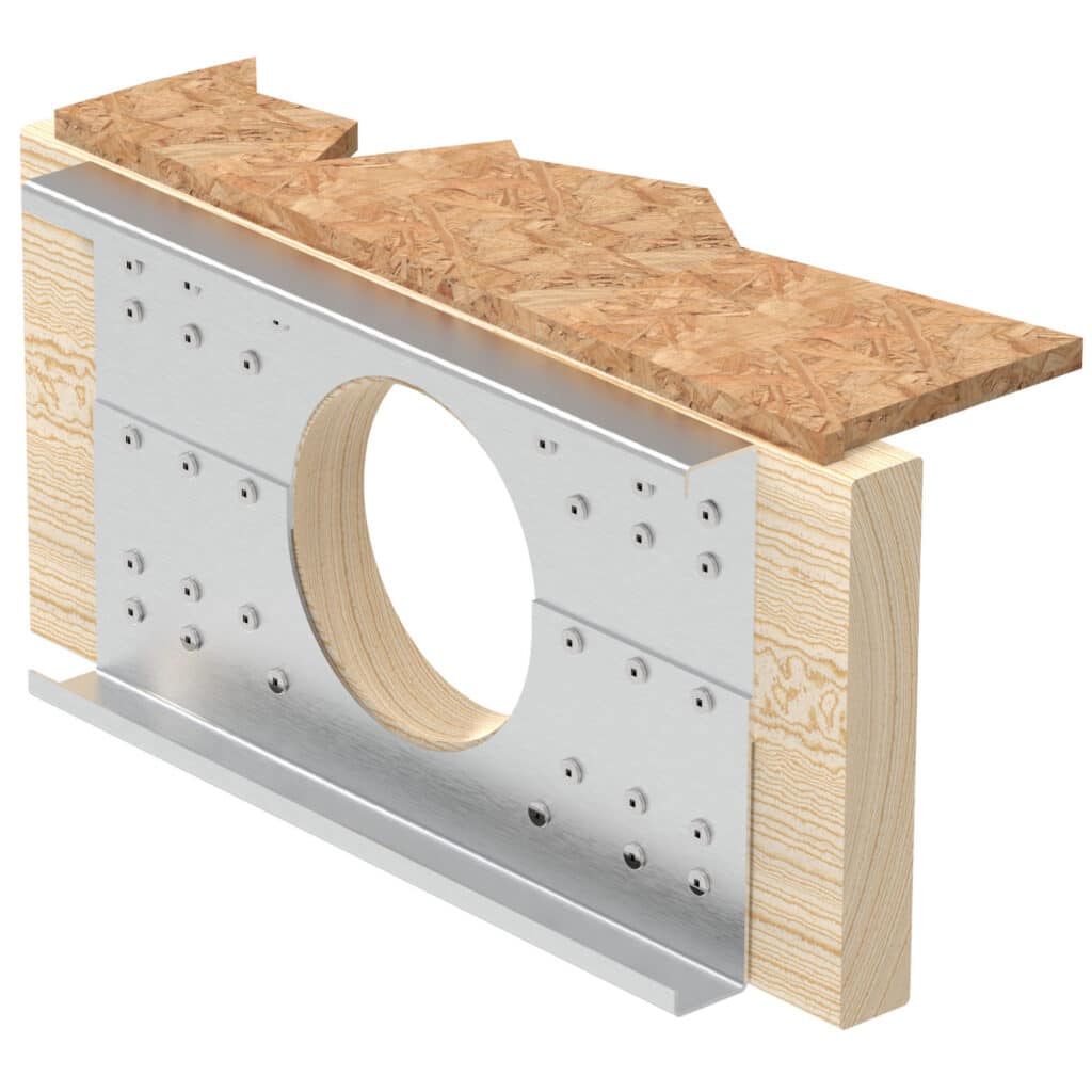 Rendering of a the Metwood 2810HR joist Repair Reinforcer applied to a HVAC hole in a wood joist.