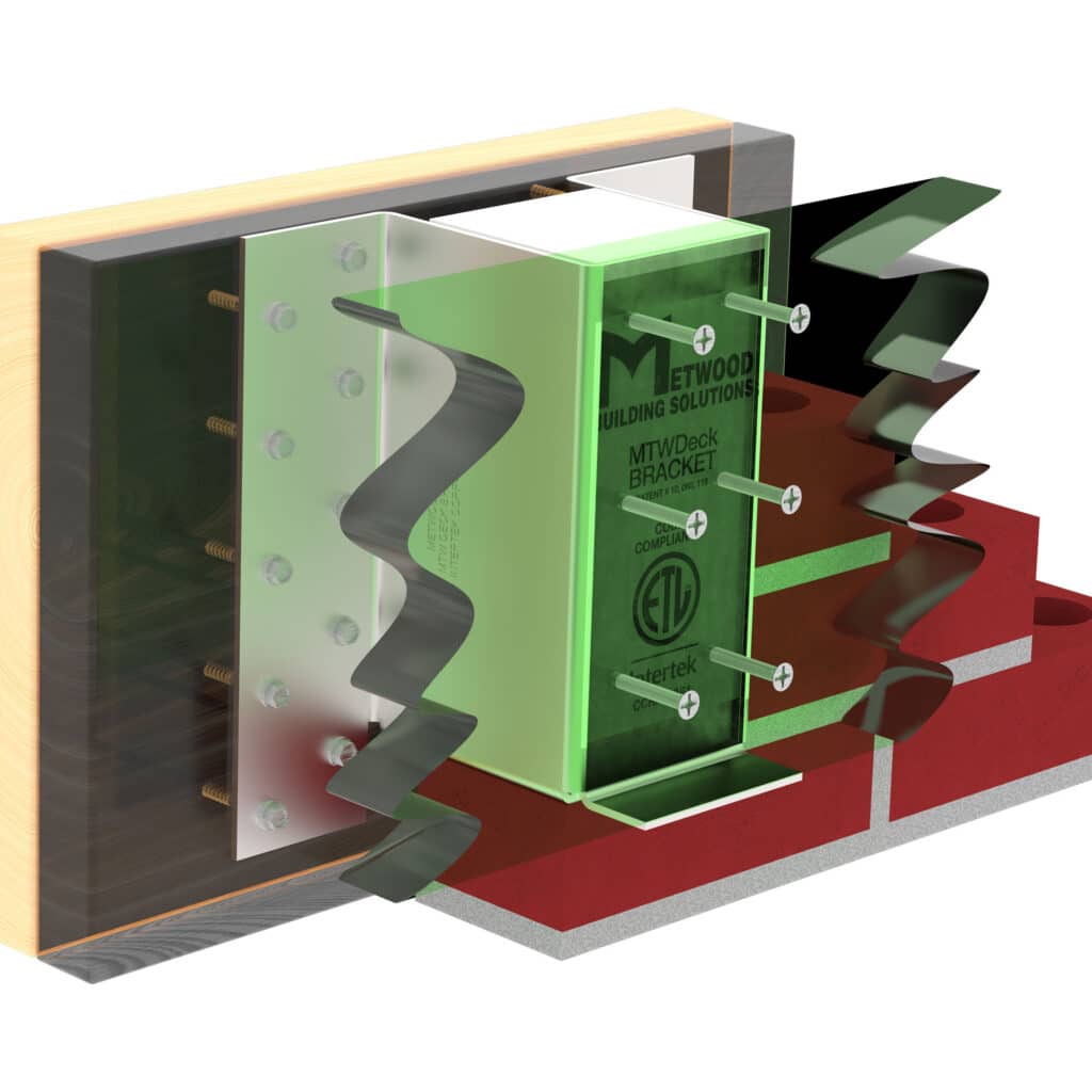 Rendering showing the use of a deck ledger bracket when applied to a home with a brick veneer.