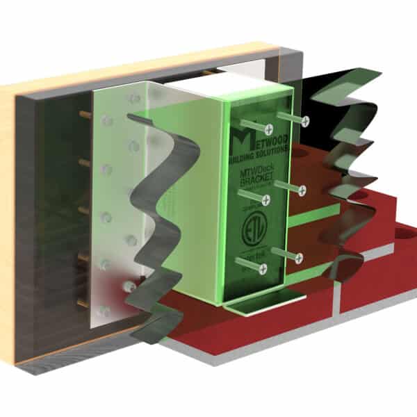 Rendering showing the use of a deck ledger bracket when applied to a home with a brick veneer.