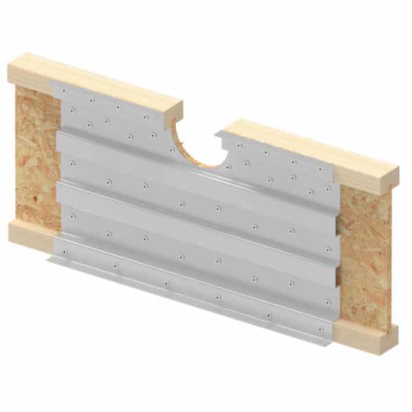 Rendering of the Metwood 250 FR14 I-Joist Flange Reinforcer applied to an I-joist notch for a PVC plumbing pipe.